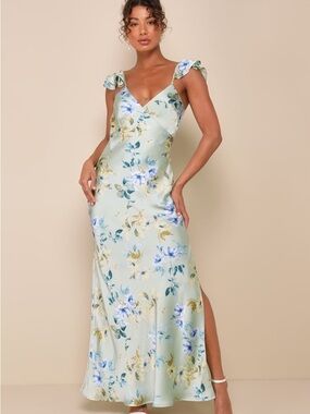 NWOT Lulus Captivating Grace Sage Green Floral Satin Ruffled Maxi Dress L